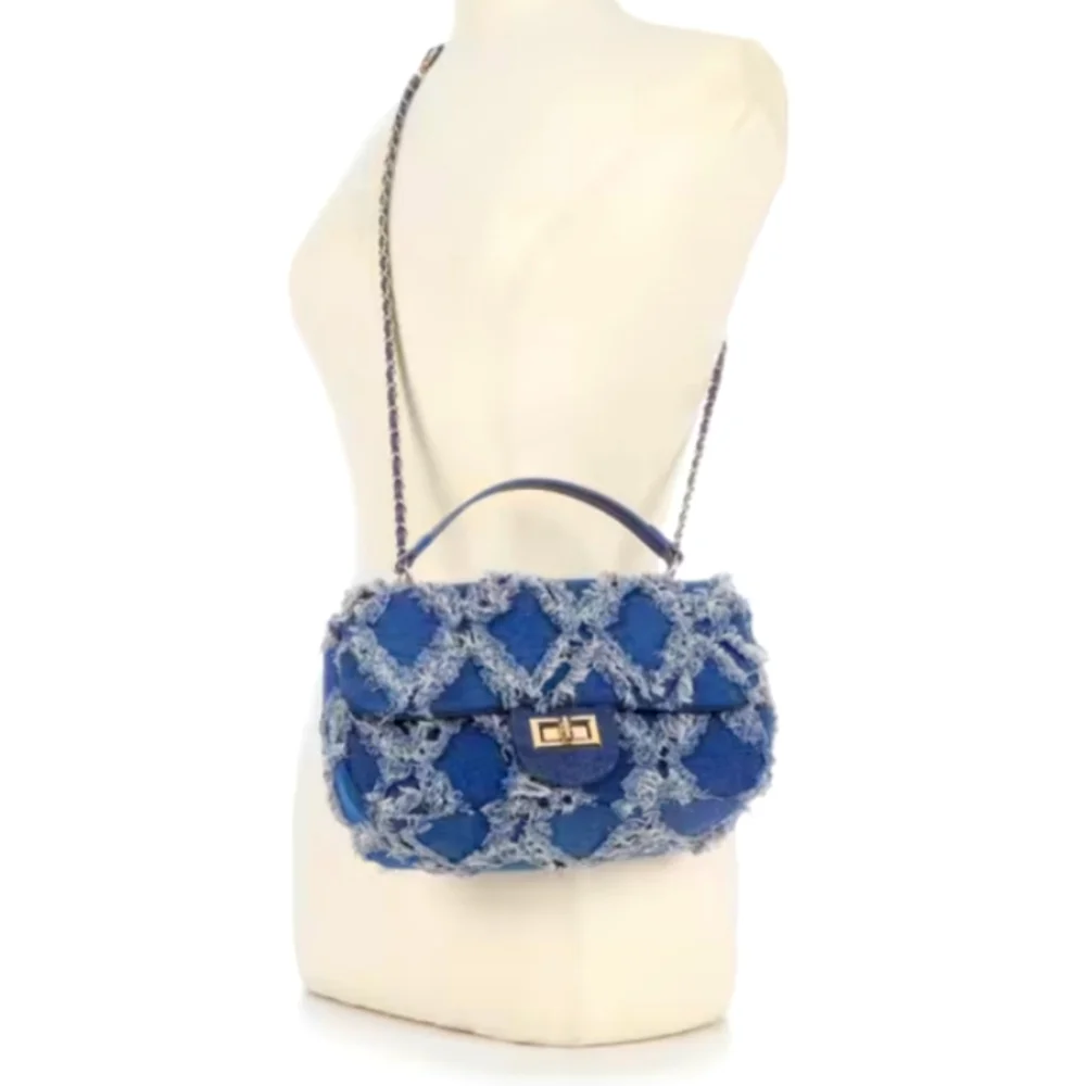 🆕2PC Blue Denim Hoops w/ Quilt Chain Crossbody/Drop Satchel 10.5L X 5.5H